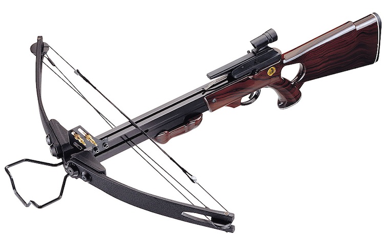 A high tension and easy to load crossbow model with an average weight (3.2 kg) that allows easy firing by both men and women. The range of this weapon is enough to hit a 50 cm diameter target from 45 meters in a heartbeat. “Cayman” is equipped with an optical sight for firing at a long distance with pinpoint precision. The high density plastic barrel and stock with wood-grain finish that combines comfort with style.