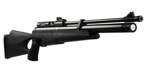 PCP-air rifles contain pressurized air so it eliminates need to cock a tight spring lock with break of barrel. Thanks to that Hatsan AT44-10 is good for women and children who could be tired quickly from the break barrel rifles. Air cylinder tube is located under the barrel so the rifle is very compact and only 1 m length. This model has 10-shot magazine and for precise shooting we adjusted it with USA Leapers optic sight.